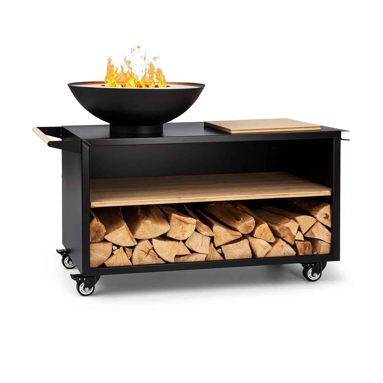 Blumfeldt Savage 2.0 Wide Feuerschale Grill Bambus-Schneidebrett Wetterschutz Schwarz