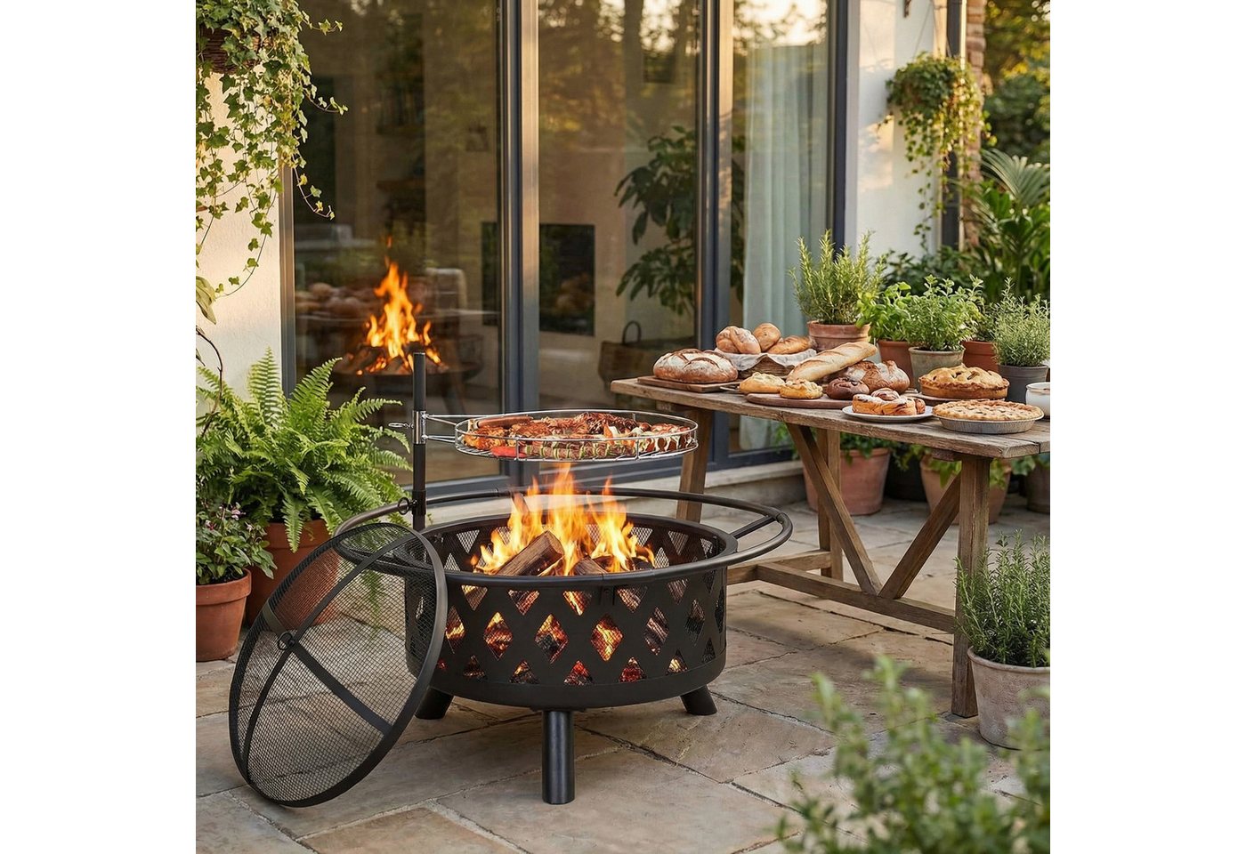 TLGREEN Feuerschale mit 360° Drehbarer Grill